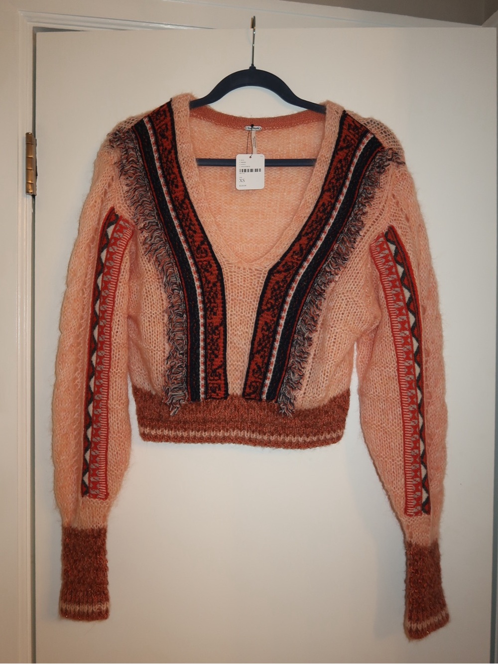 Free People Peach V-Neck Patterned Cropped Sweater
